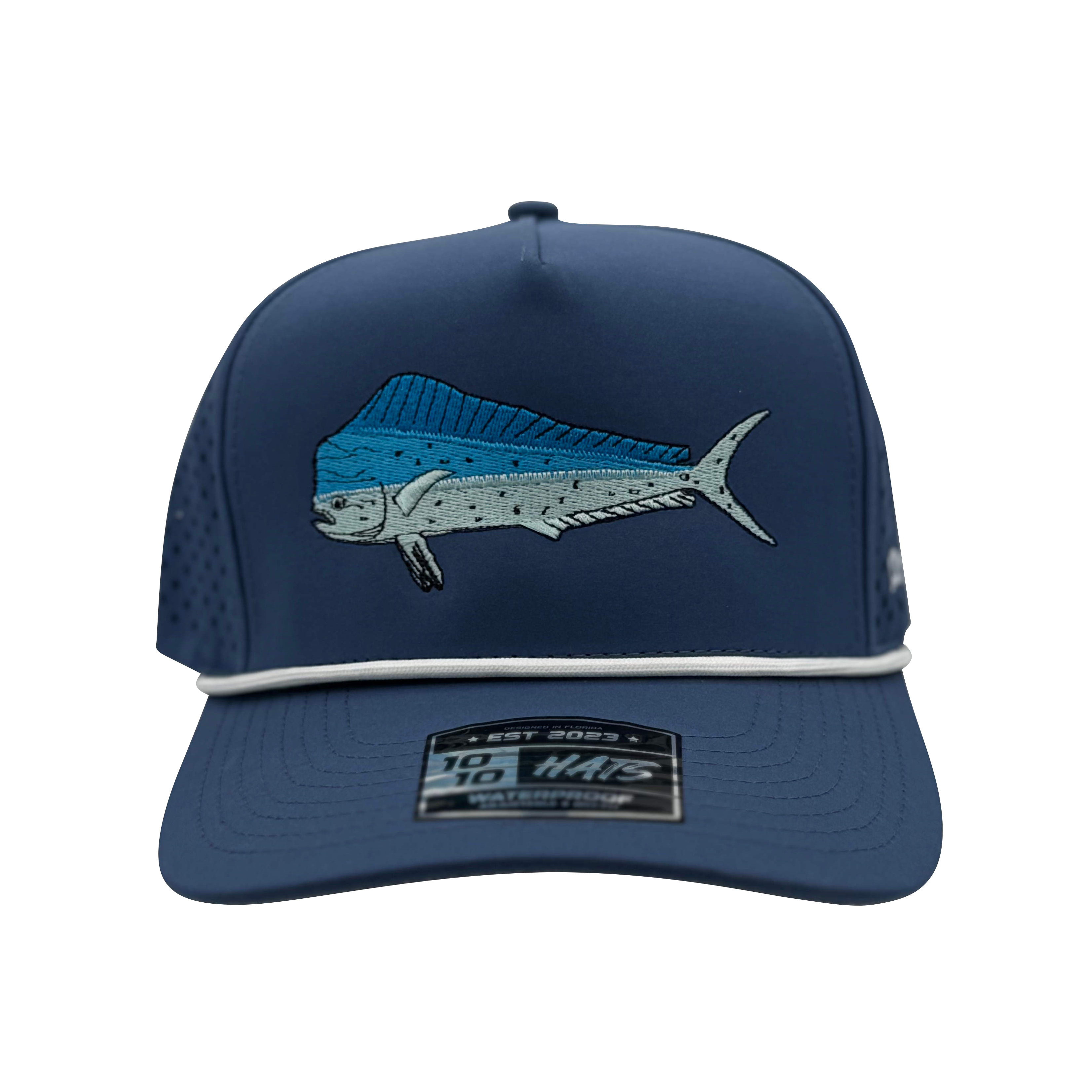 Navy blue cap with a fish logo on a white background