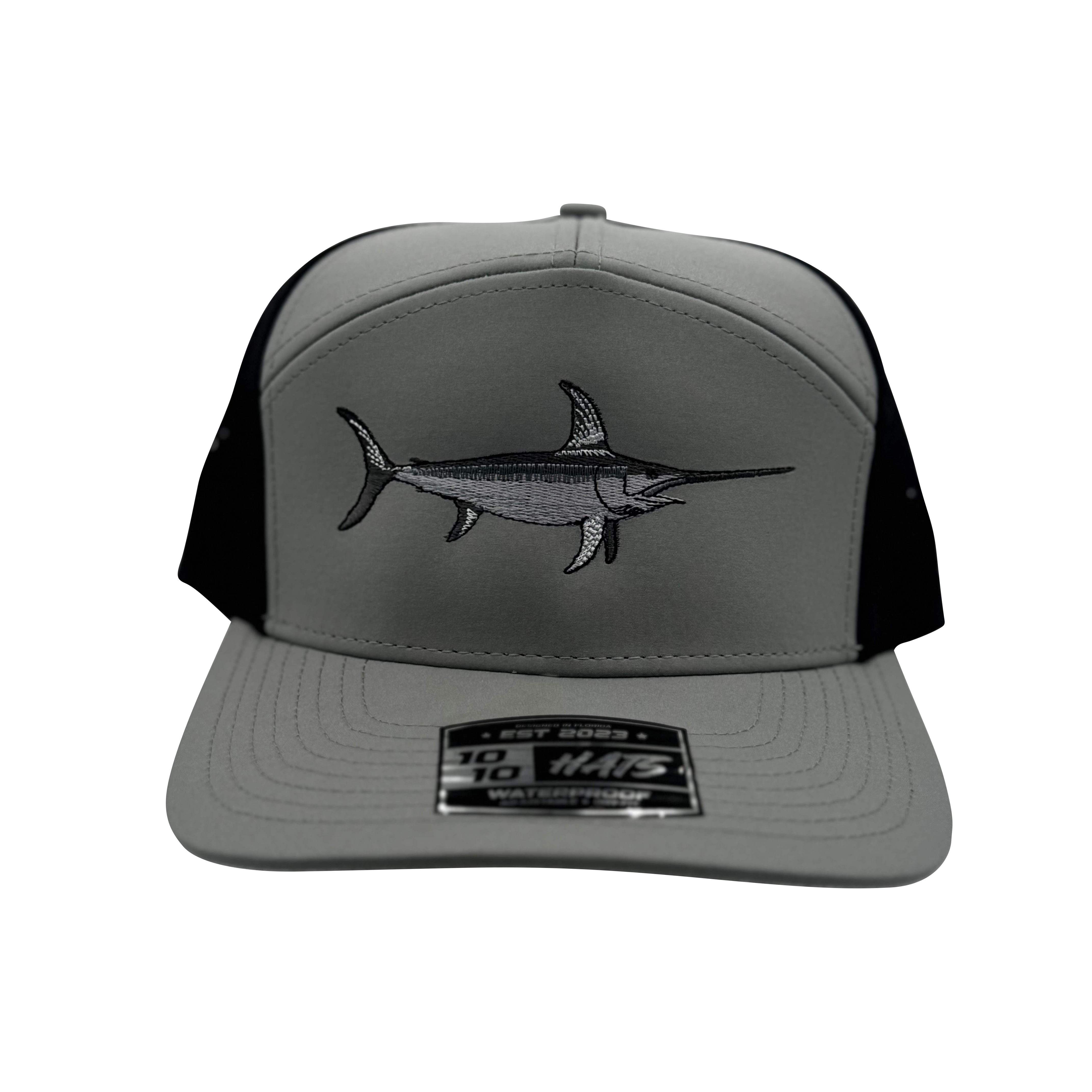Gray and black cap with a fish logo on a white background