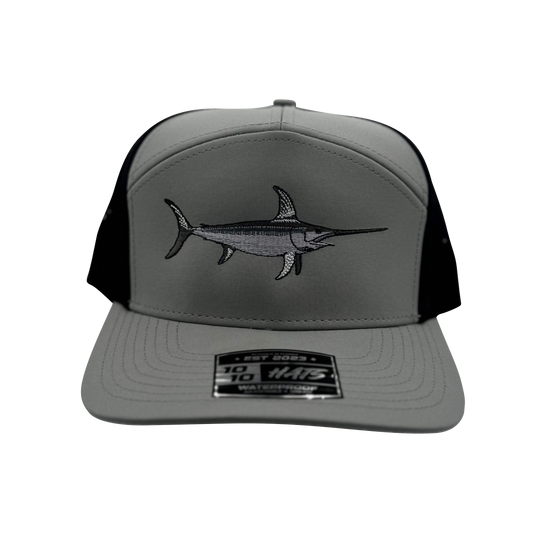 Gray and black cap with a fish logo on a white background