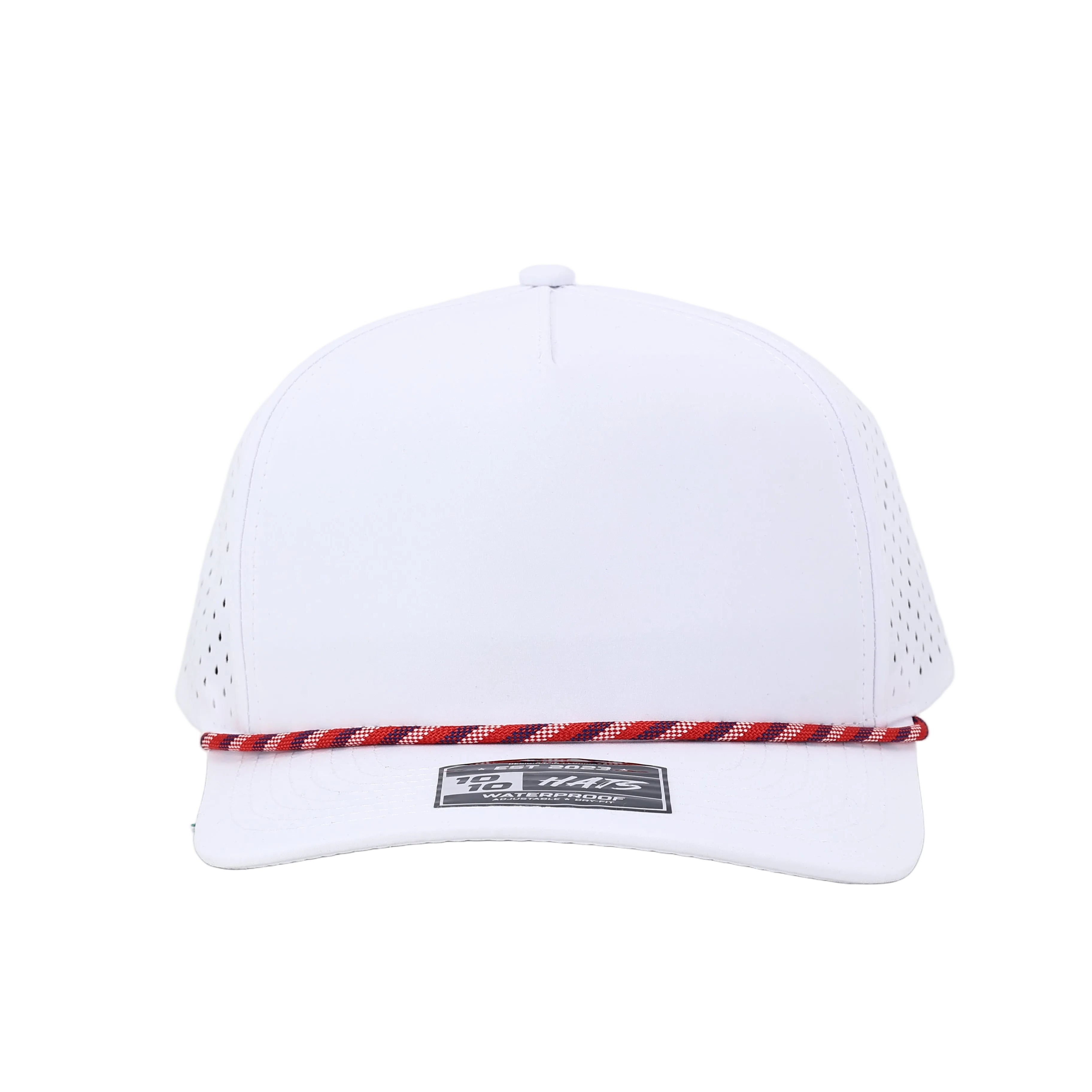 White cap with red and white brim on a light gray background