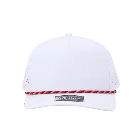 White cap with red and white brim on a light gray background