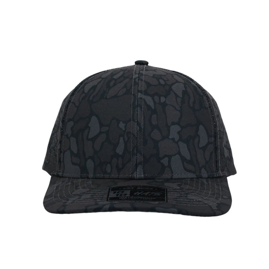 Black camouflage cap on a white background