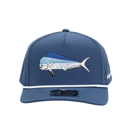 Blue cap with fish design on a white background