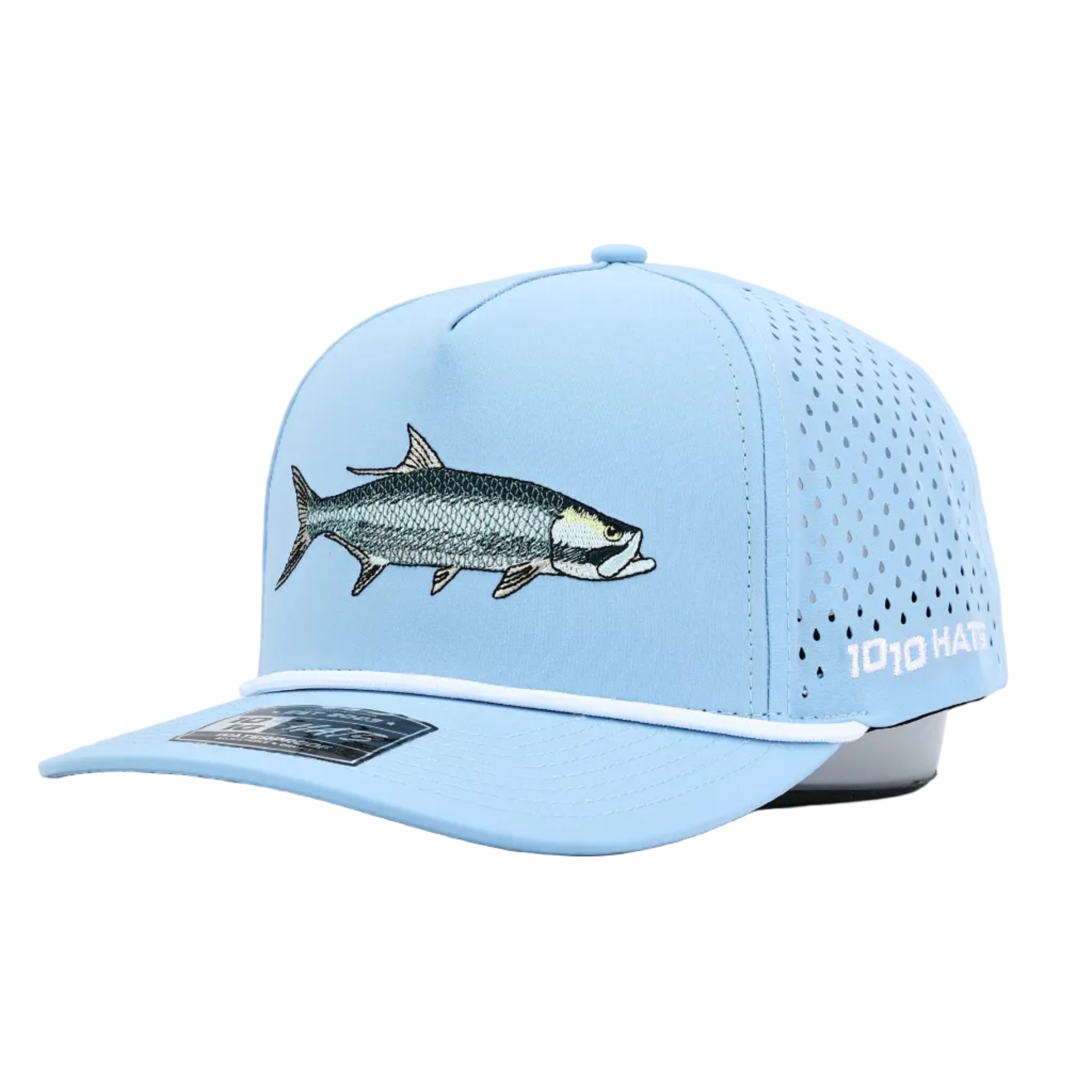 Light blue cap with fish design on a white background