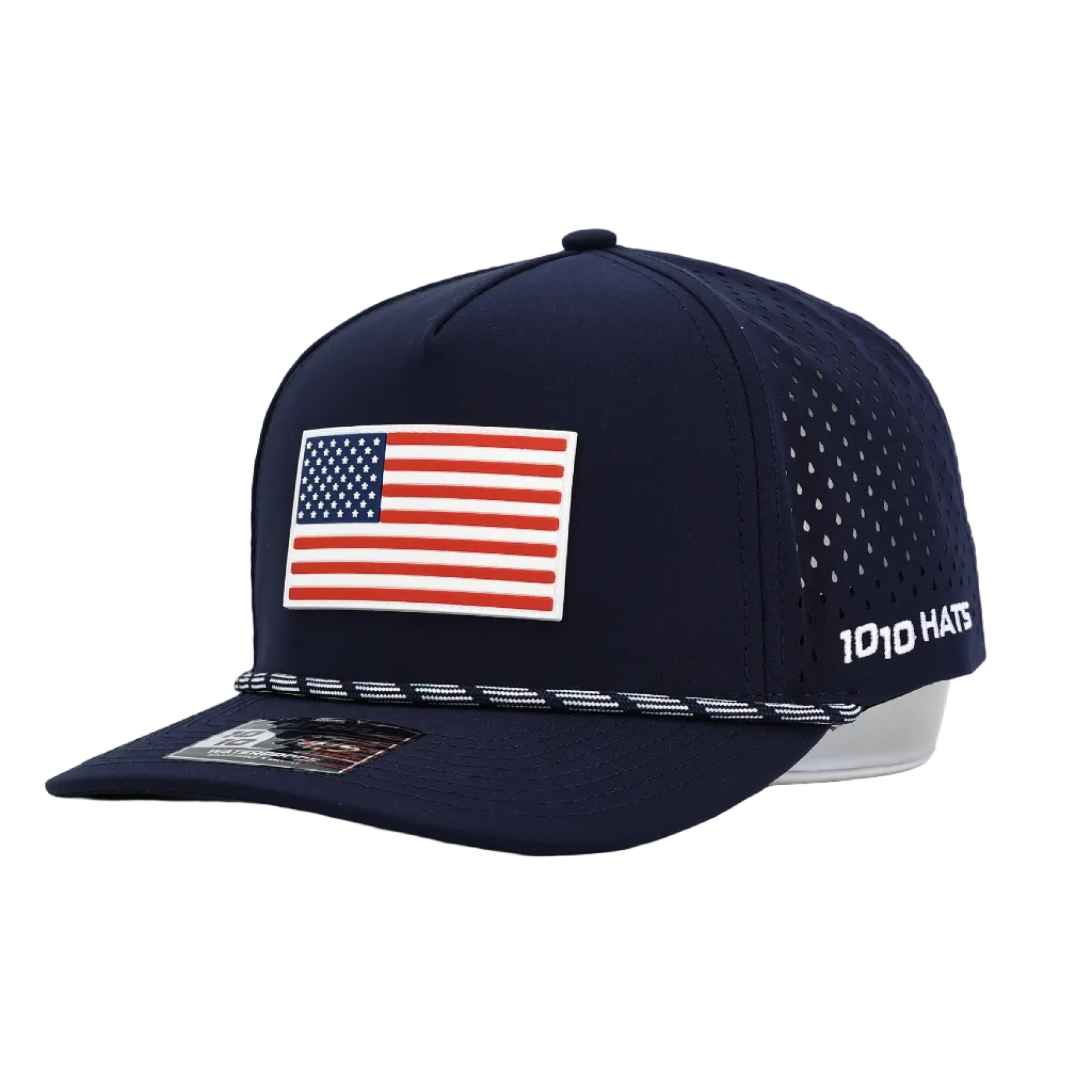 Navy blue cap with American flag patch on a white background