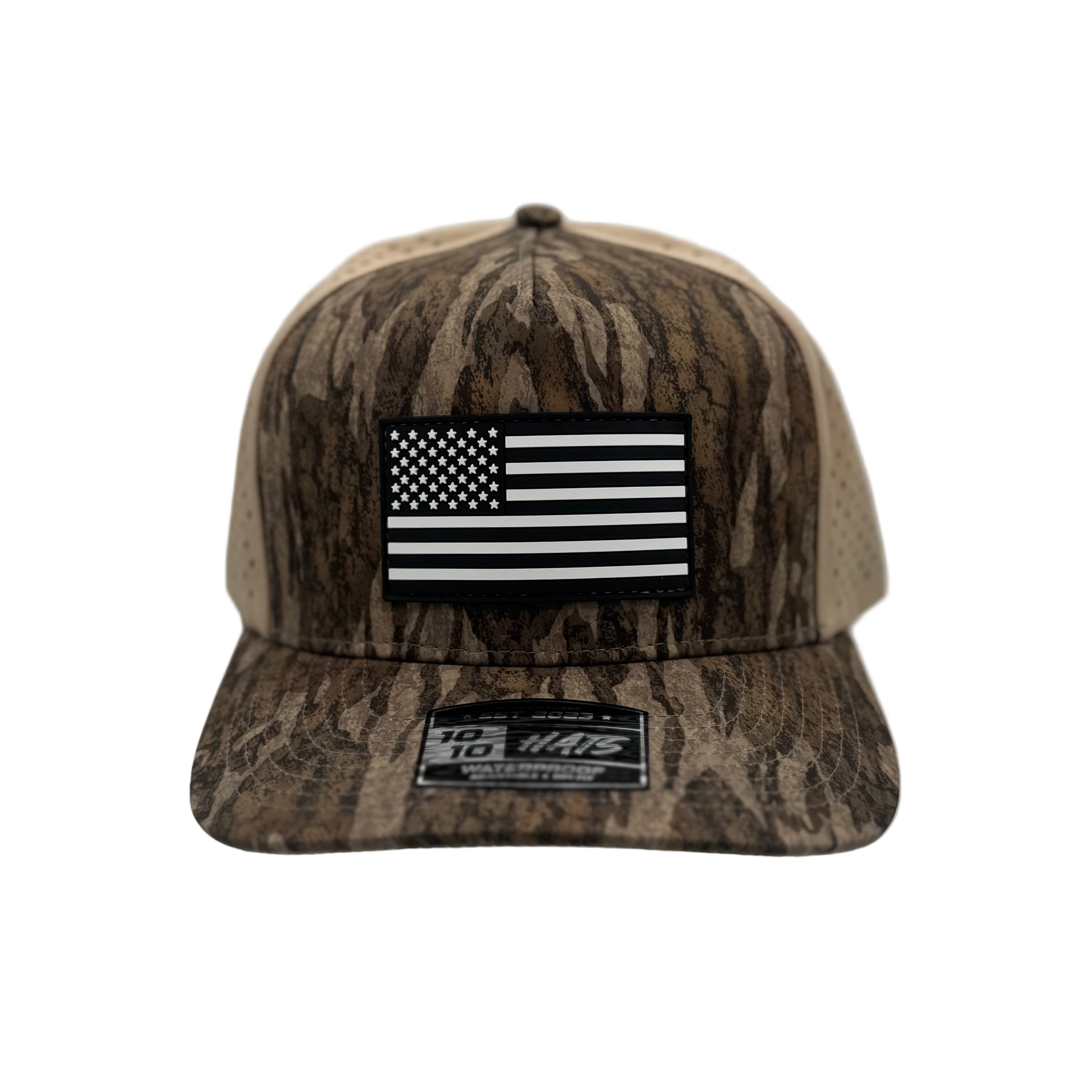 Camouflage cap with American flag patch on a white background