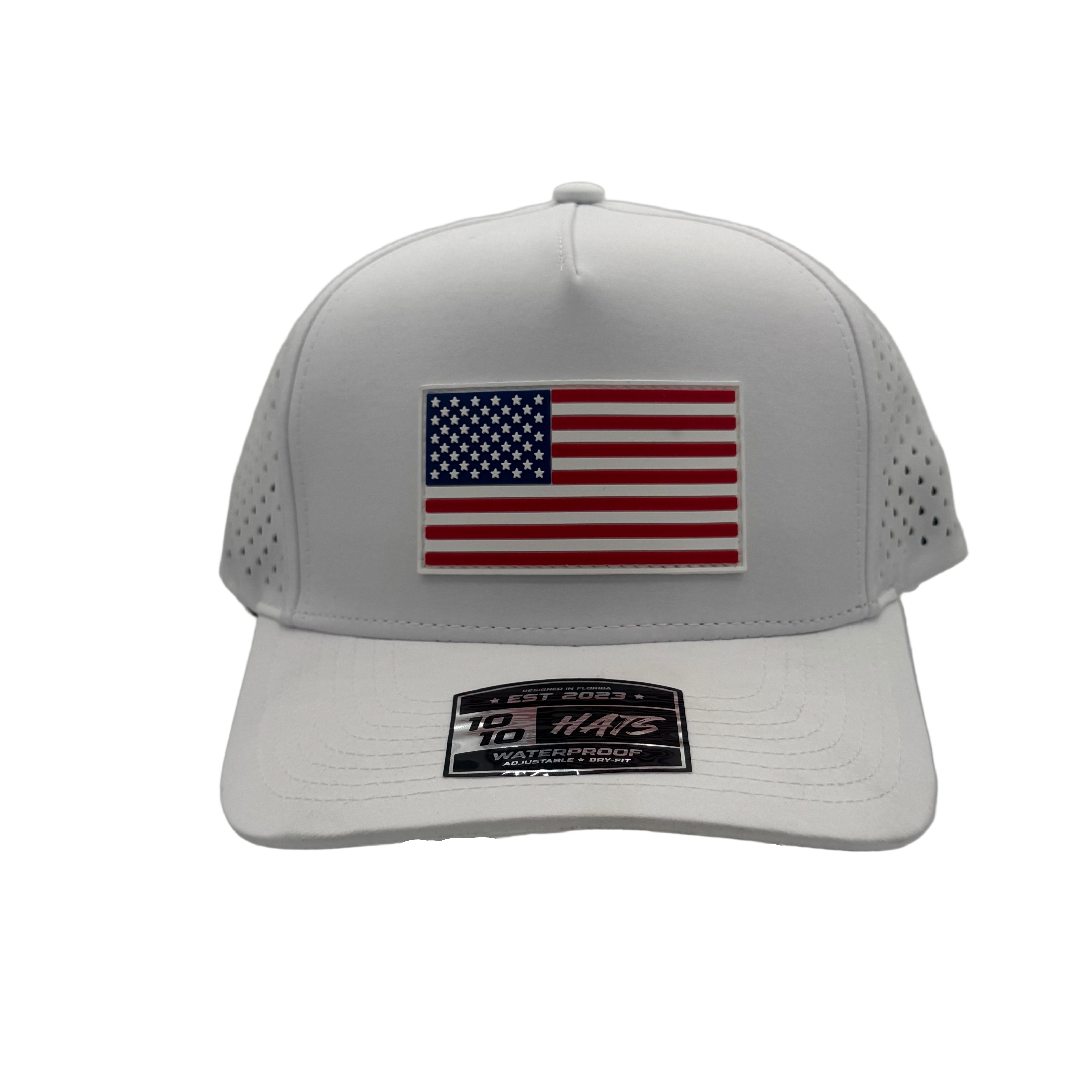 White cap with American flag patch and logo on a light gray background
