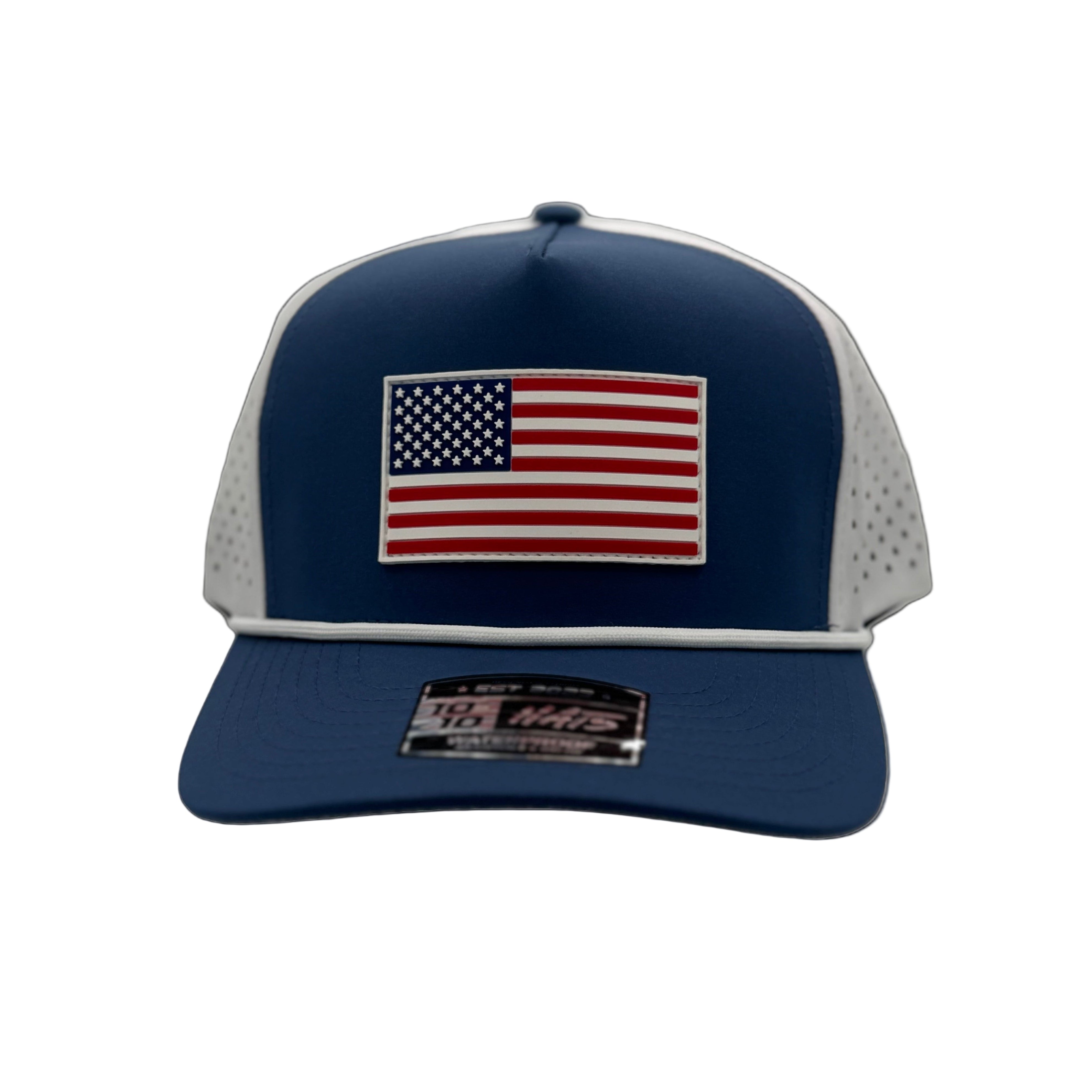 Blue cap with American flag patch on a white background