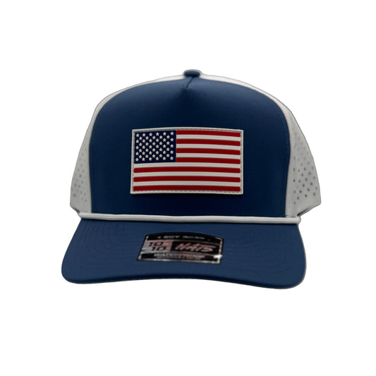 Blue cap with American flag patch on a white background
