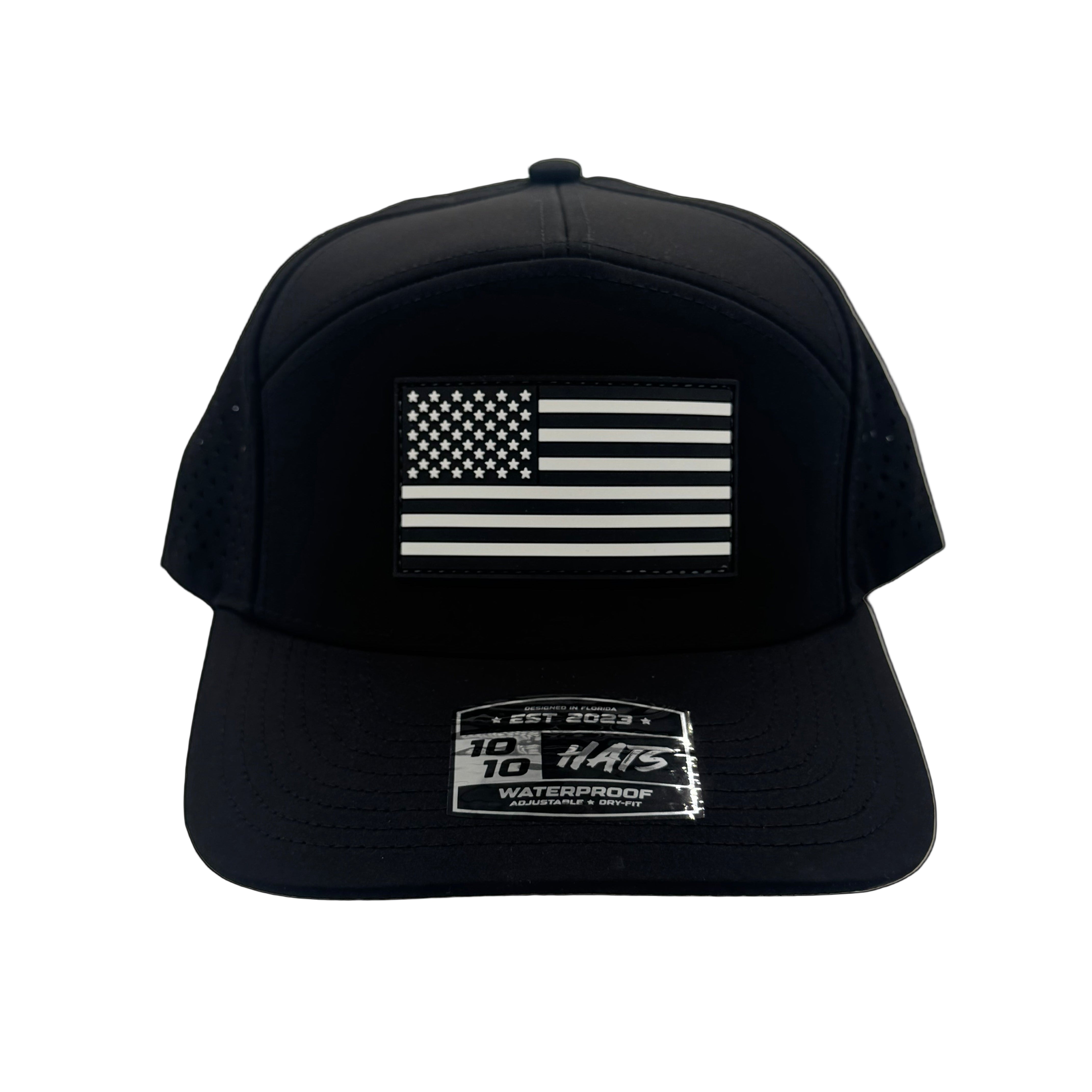 Black cap with American flag design and branding on a white background