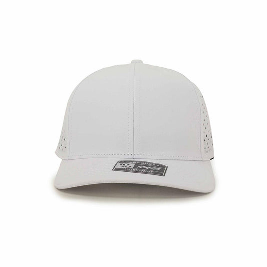 Frontal view of the 1010 Hats 6-panel white hat, highlighting its classic fit and premium construction.