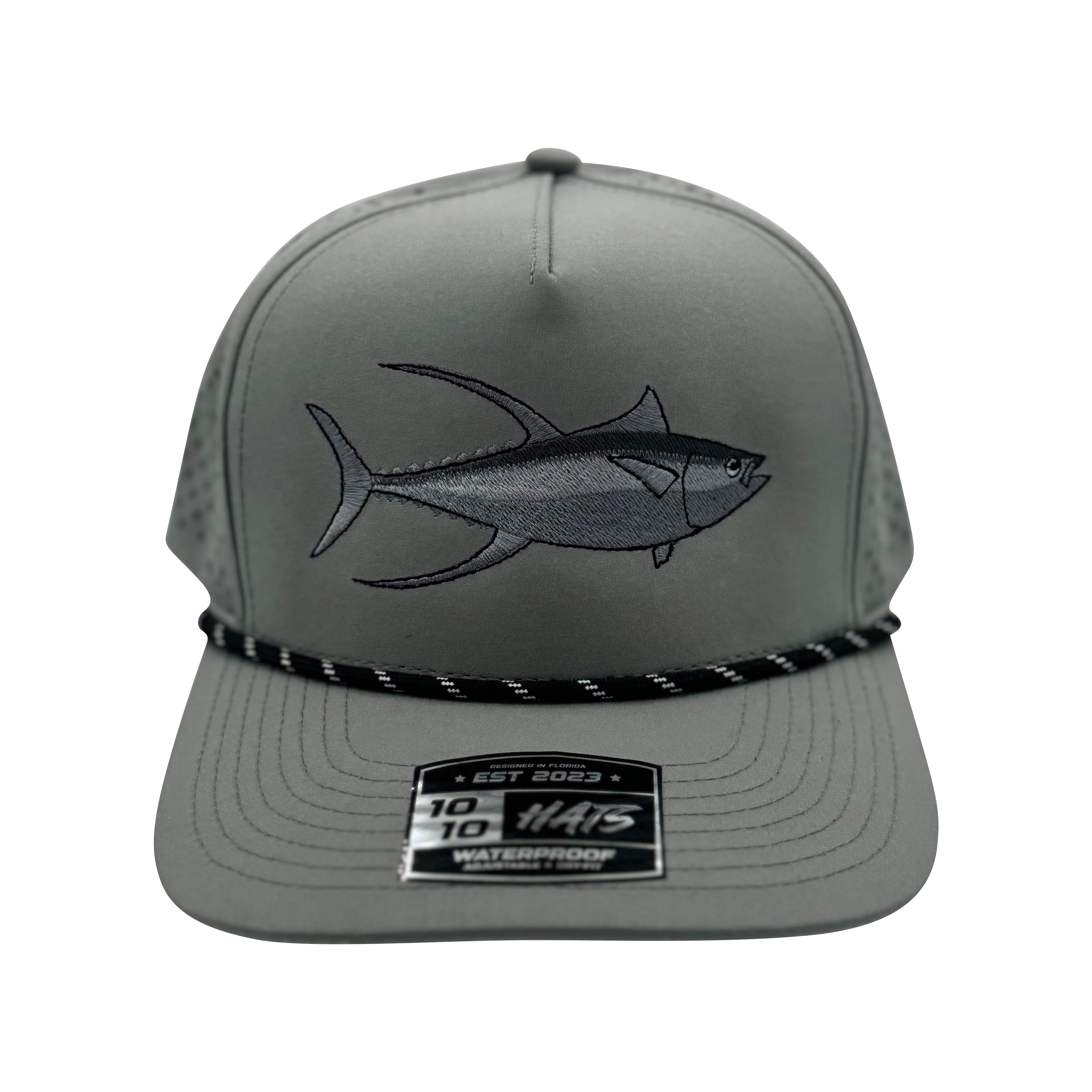 Gray cap with fish design and brand logo on a white background