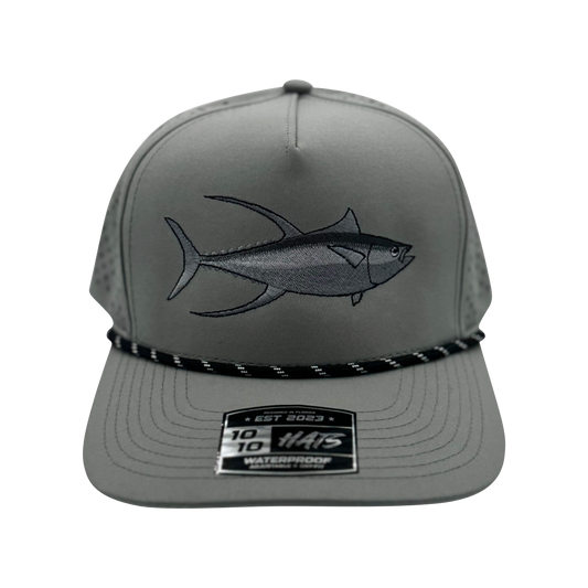 Gray cap with fish design and brand logo on a white background