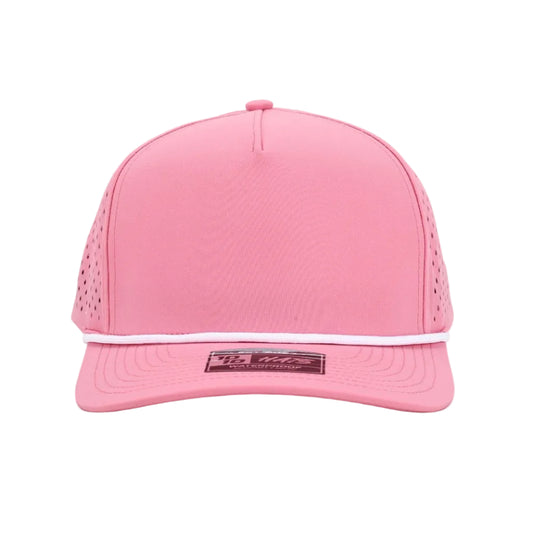 Pink cap with white accents on a light gray background