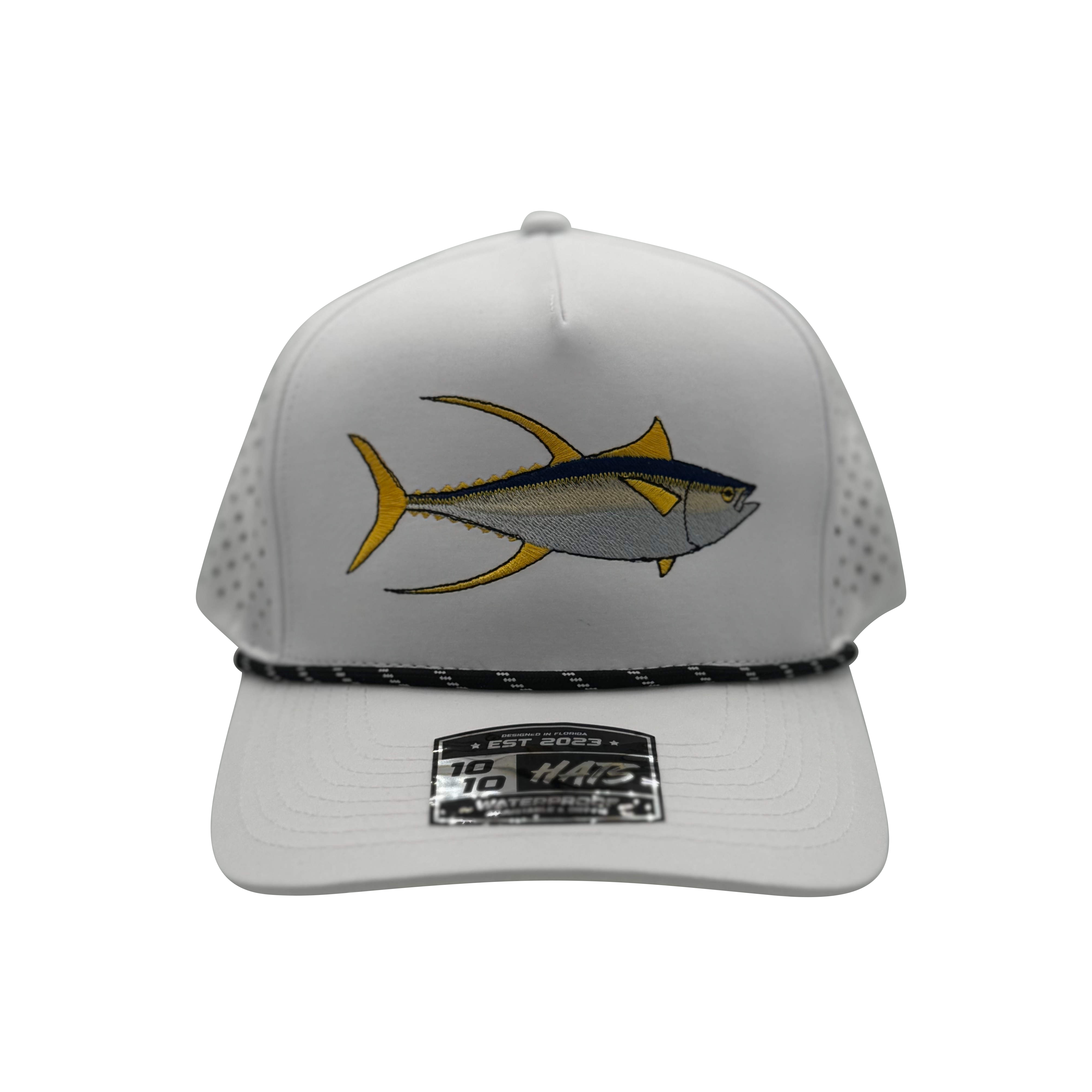 White cap with fish logo on a white hat with Rope