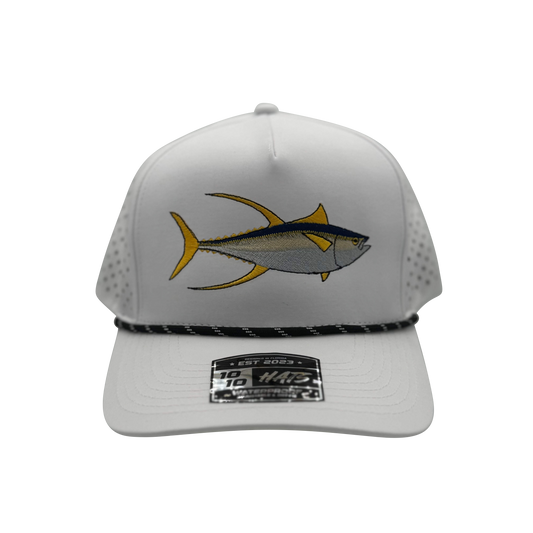 White cap with fish logo on a white hat with Rope